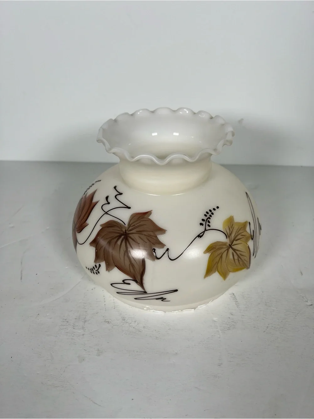 Hurricane Milk Glass White Lantern Shade with Brown and Yellow Leaf Design